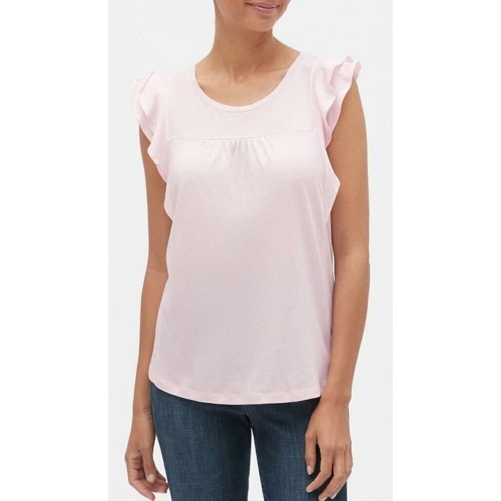 GAP Womens Small Luxe Ruffle Top Flutter Sleeve Tee Crewneck T-Shirt Pink 040